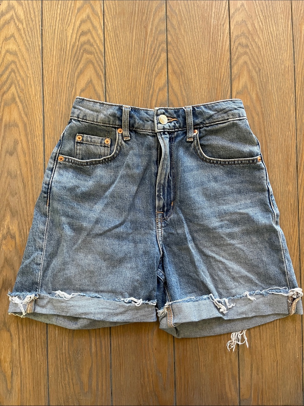 Divided Distressed Roll-Hem Denim Shorts